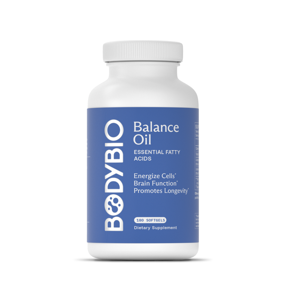A white bottle of BodyBio Balance Oil (Omega 6 + 3) dietary supplement with a blue label, containing 180 softgels. This essential fatty acid supplement supports brain function and promotes longevity.