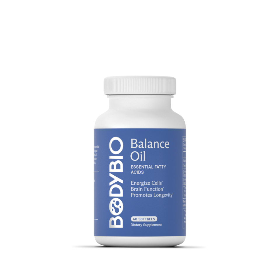 A white bottle labeled Balance Oil (Omega 6 + 3) with a blue label. The label highlights essential fatty acids, energizing cells, supporting brain function, promoting longevity, and contains 60 softgels—making it an ideal healthy fat supplement to support overall wellness.