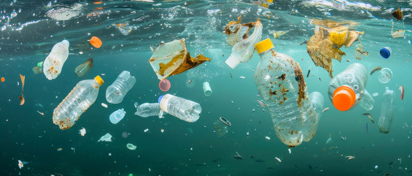 plastic trash floating in water