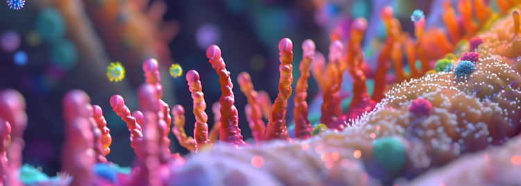 A colorful and detailed 3D rendering depicts the gut microbiome with vibrant, finger-like structures representing intestinal villi. 