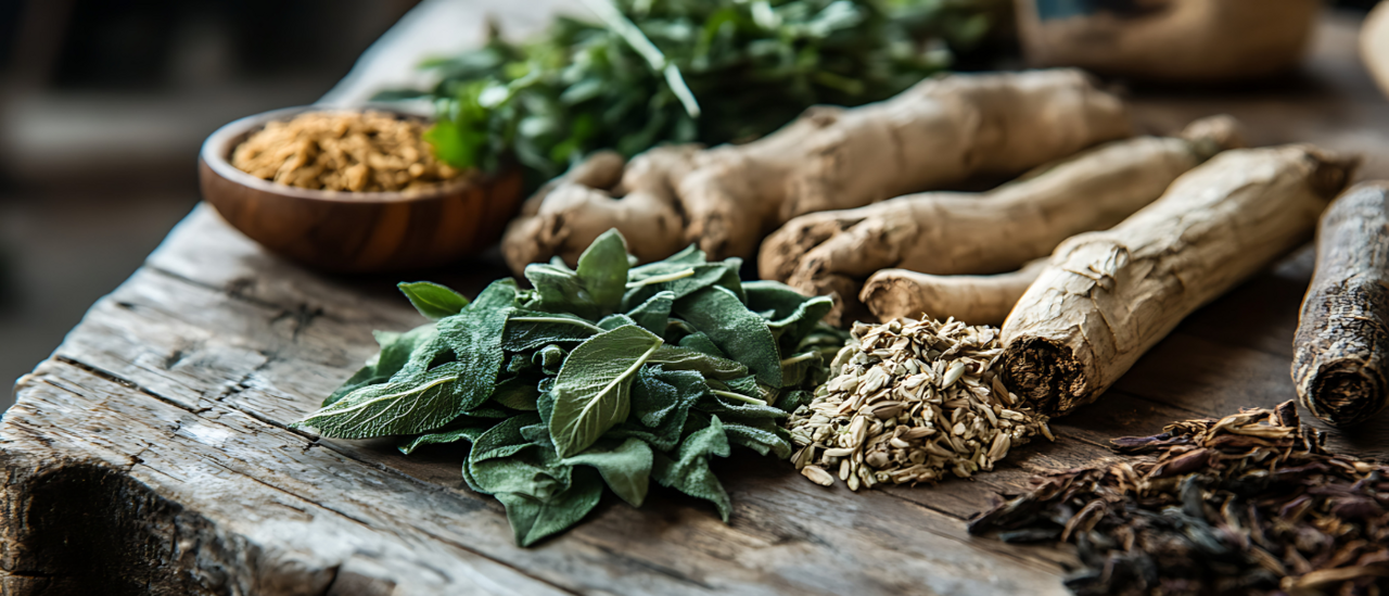 A rustic wooden table displays an assortment of dried and fresh medicinal herbs, including sage leaves, fennel seeds, and various healing roots like ginger and ginseng, evoking a sense of traditional herbal medicine.