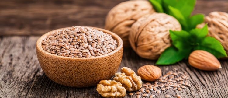 Blog of The Best Plant-Based Vegan Alternatives to Fish Oil which have image A wooden bowl filled with flaxseeds sits on a rustic wooden surface, surrounded by walnuts, almonds, and fresh green mint leaves, highlighting a selection of healthy, nutrient-dense foods.