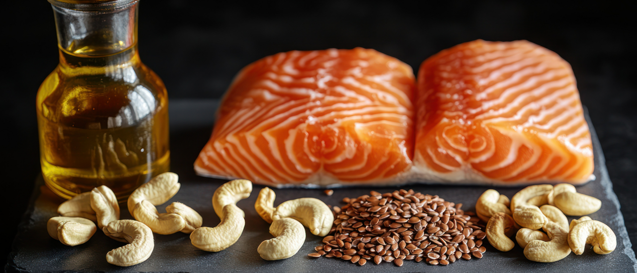 A selection of omega-3-rich foods, including fresh salmon fillets, flaxseeds, cashews, and a bottle of oil, arranged on a dark surface.