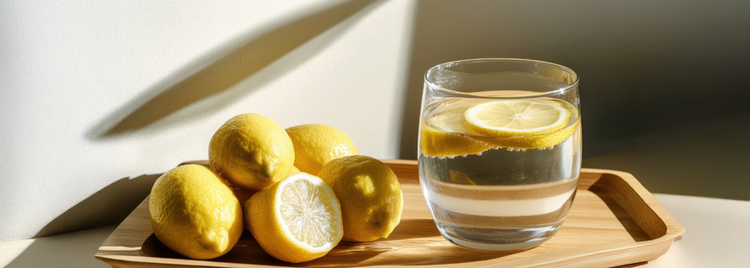 Blog of Can You Take Vitamin C and D Together? which have image A wooden tray holding a glass of water with a floating lemon slice, alongside a small pile of fresh, whole and halved lemons.