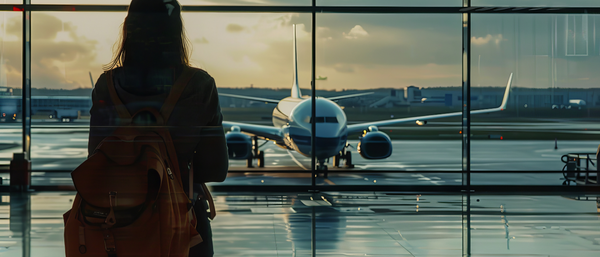 A silhouette of a traveler with a backpack standing by a large window, looking at an airplane on the runway during sunset.