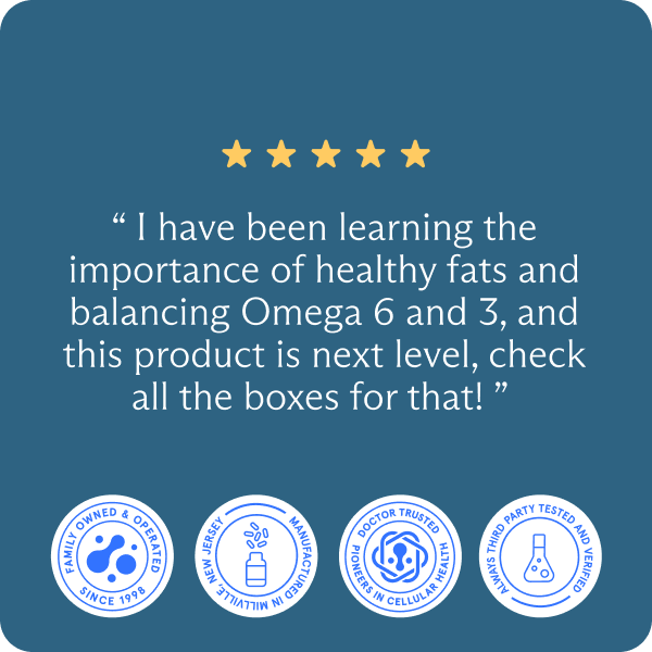 A customer review says, “I have been learning the importance of healthy fats and balancing Omega 6 and 3, and Balance Oil (Omega 6 + 3) is next level—this healthy fat supplement checks all the boxes for that!” with four product certification icons below.