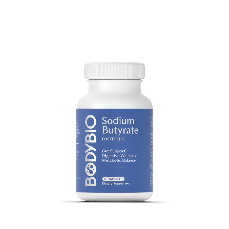 A white bottle of 🎁 Butyrate: Gut Health Supplement, labeled as a postbiotic for gut support, digestive wellness, and metabolic balance; contains 60 capsules and is now available as part of a BOGO Bundle on BOGOS.io—unlock your Free Gift with every purchase (100% off).