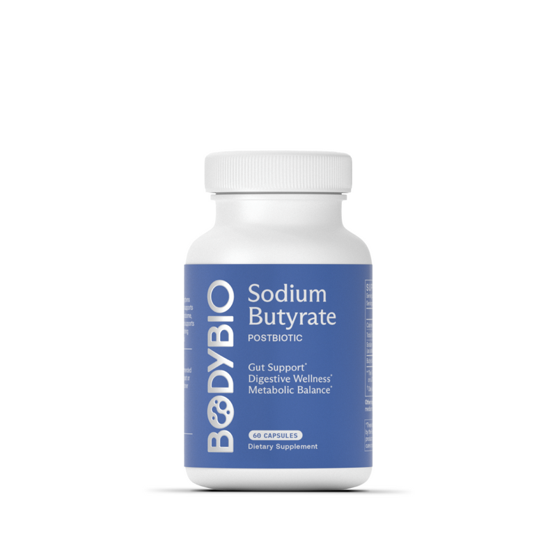 A white bottle of 🎁 Butyrate: Gut Health Supplement, labeled as a postbiotic for gut support, digestive wellness, and metabolic balance; contains 60 capsules and is now available as part of a BOGO Bundle on BOGOS.io—unlock your Free Gift with every purchase (100% off).