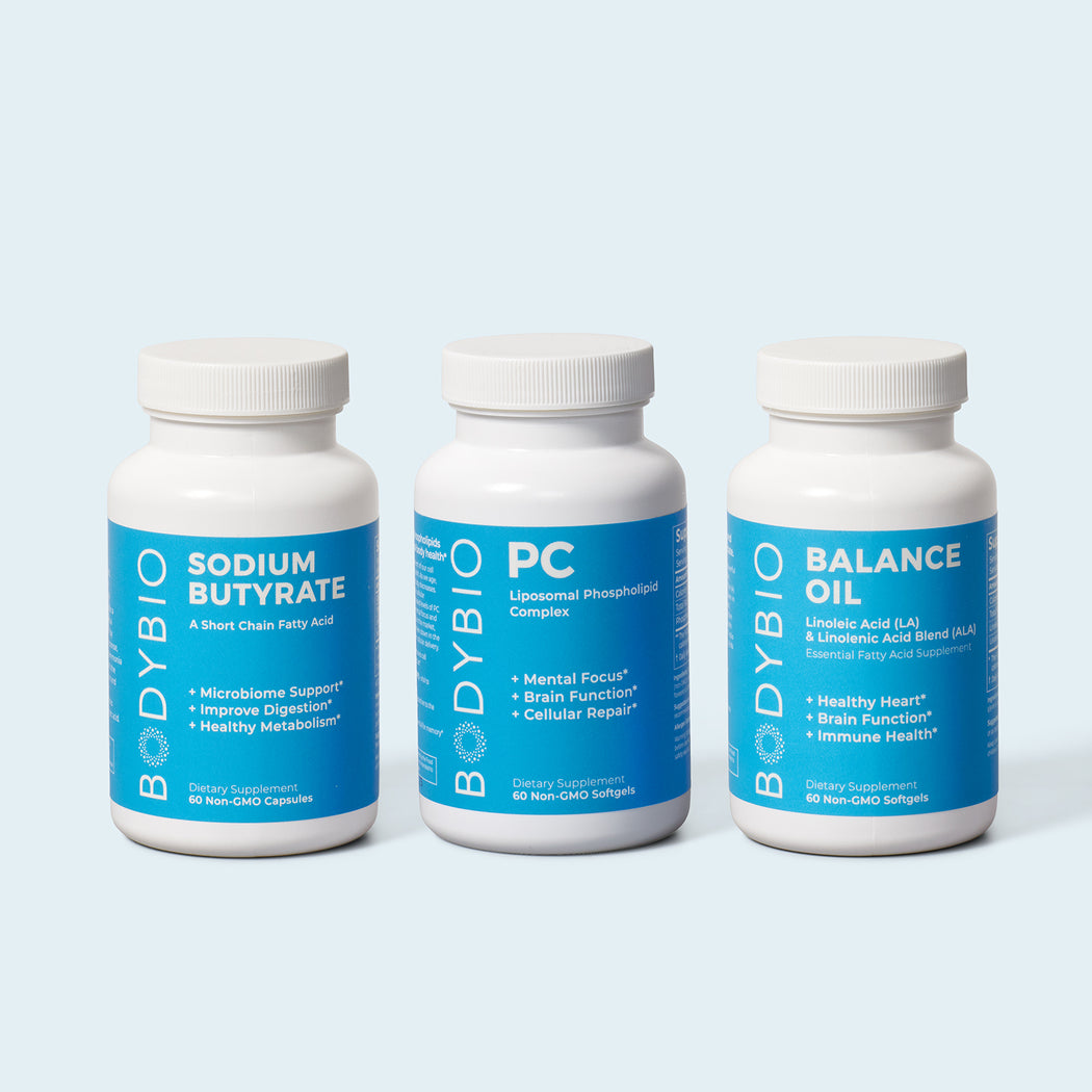 BodyBio Foundational Bundle featuring three bottles of dietary supplements: Sodium Butyrate for microbiome support and healthy metabolism, PC (Liposomal Phospholipid Complex) for mental focus and brain function, and Balance Oil for healthy heart and immune health.