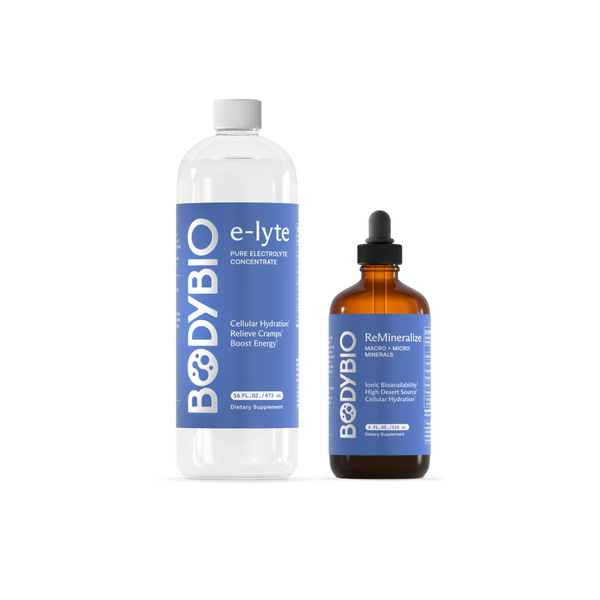 The Hydration Duo includes two BodyBio supplement bottles: a tall, clear plastic bottle of e-lyte electrolyte concentrate with a gray cap, and a smaller amber glass ReMineralize bottle with a dropper cap; both feature blue and white labels.