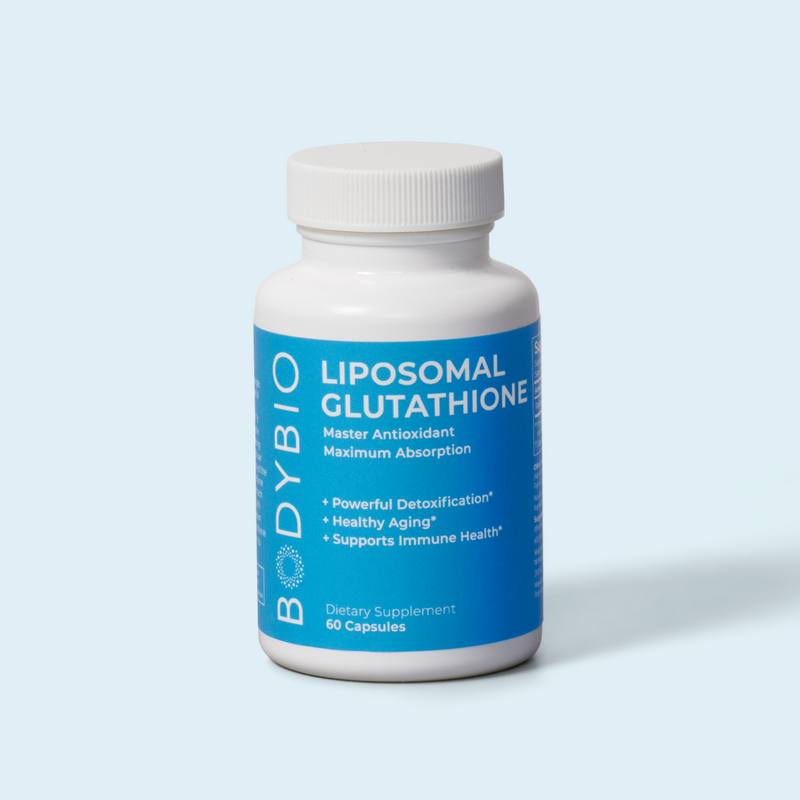 A white bottle of BodyBio Liposomal Glutathione dietary supplement with a blue label. The text reads: "Liposomal Glutathione. Master Antioxidant, Maximum Absorption. Powerful Detoxification*, Healthy Aging*, Supports Immune Health*. Dietary Supplement, 60 Capsules.