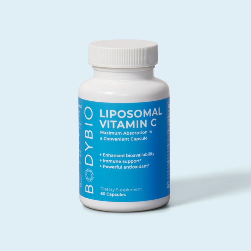 A standalone shot of the Liposomal Vitamin C bottle, featuring a clean design with prominent blue and white labeling. The product is highlighted as "Maximum Absorption in a Convenient Capsule," with benefits such as enhanced bioavailability, immune support, and antioxidant properties clearly stated.