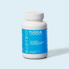 This is a clear image of the TUDCA dietary supplement bottle. The label highlights its key benefits, including liver support, aiding digestion of fats and oils, and promoting healthy mitochondria. The sleek blue and white packaging gives a clean and professional appearance.