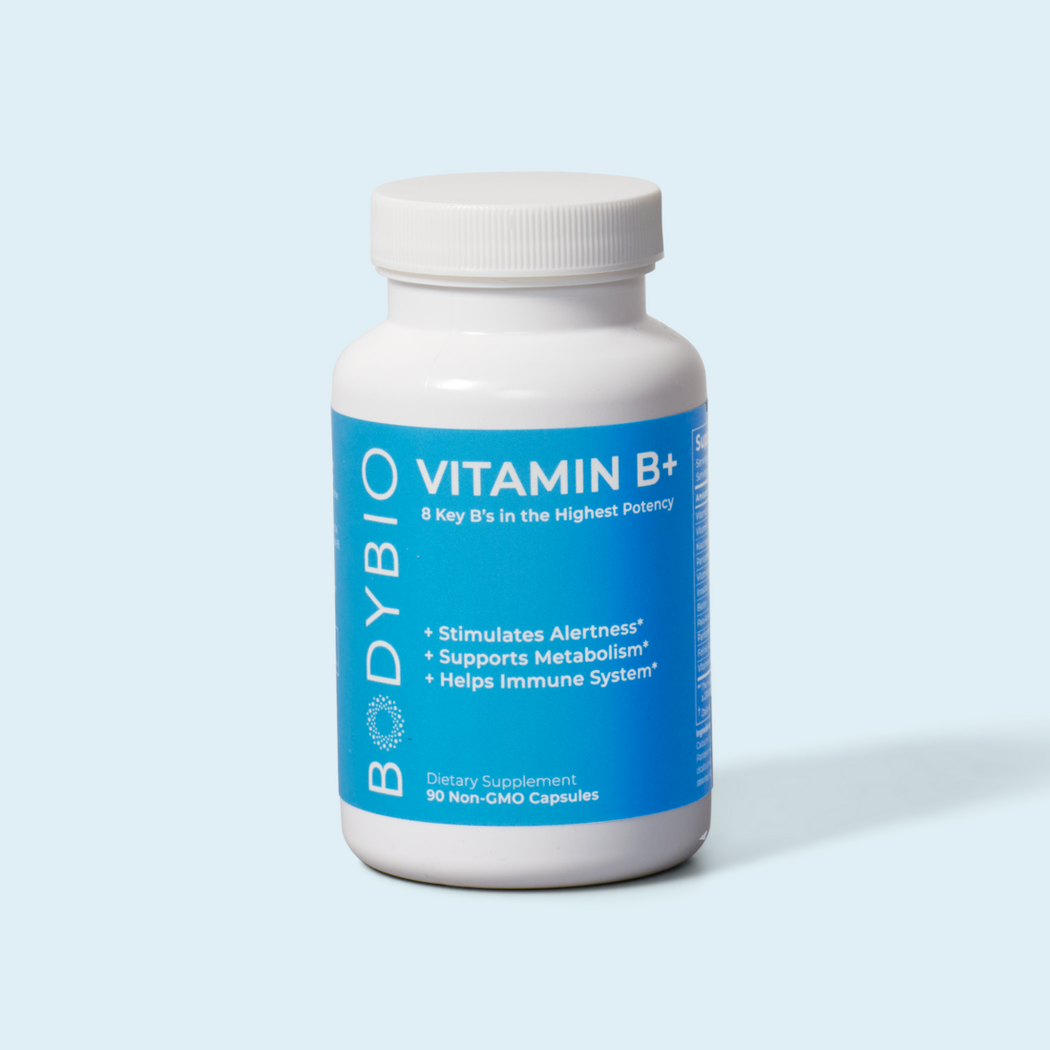 Clean and straightforward product shot of the Vitamin B+ bottle against a neutral background.