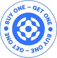 A blue and white circular badge with the text BUY ONE – GET ONE repeated around a central abstract design.
